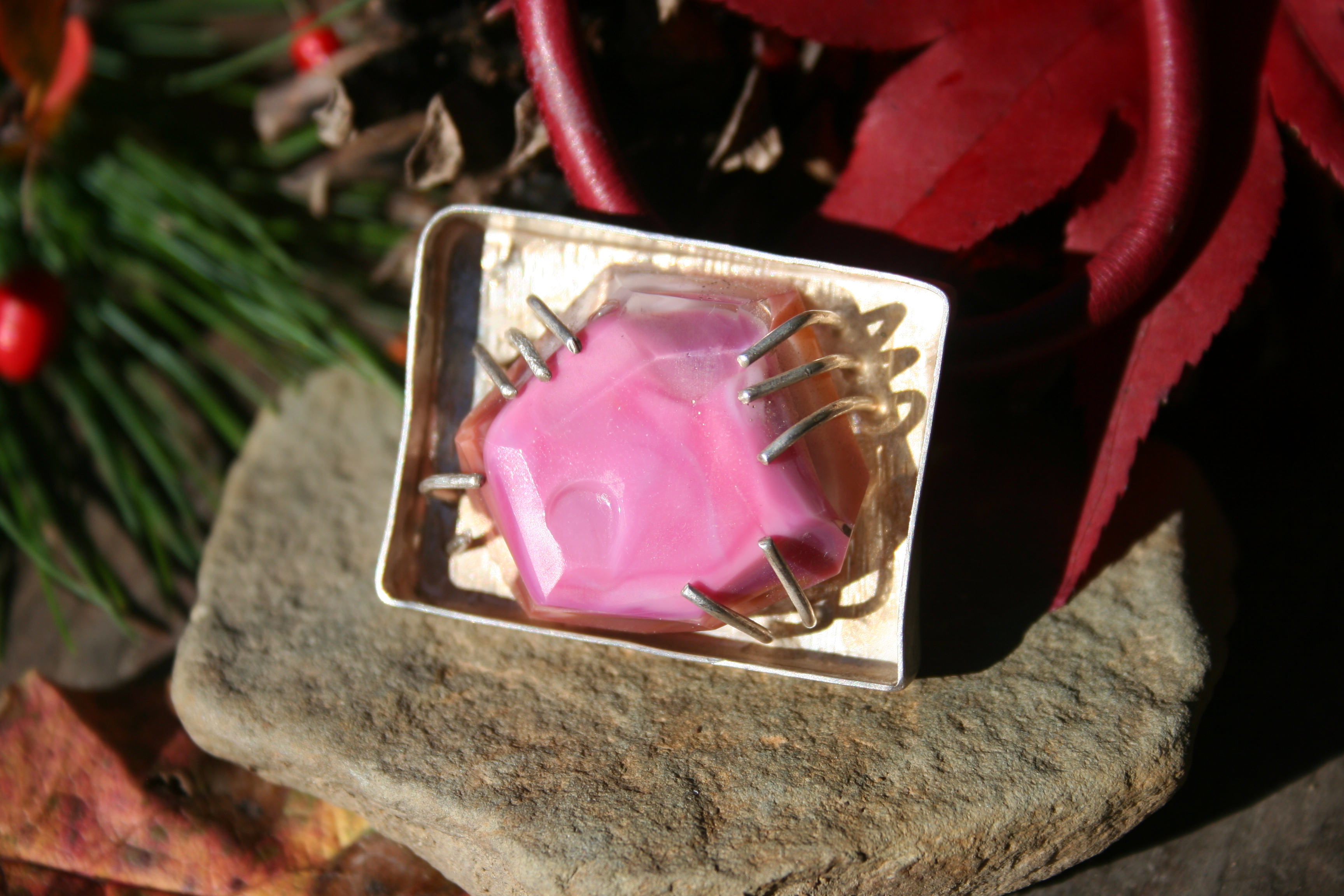 glass pendant-Pink cut "stone" set in silver-
